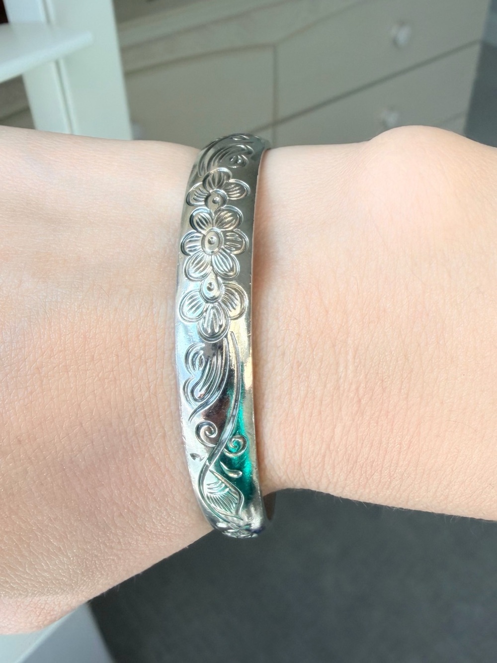 Vintage Style Solid Silver Open Cuff Bangle | Antique Carved Silver Bracelet